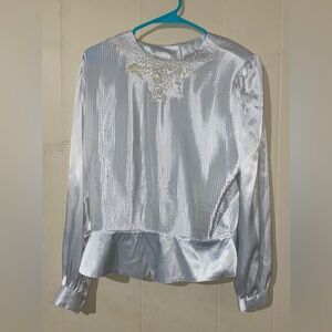 NICOLA Silver Satin Blouse with Lace Accent